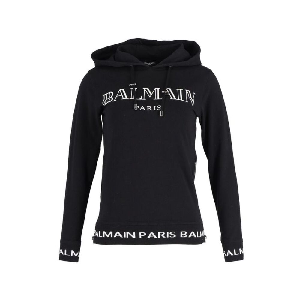 Balmain Logo Print Hooded Sweatshirt in Black Cotton